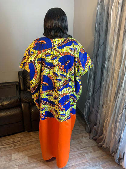 Robe Wax Duchesse Orange Hitarget avec Col Ankara Design wax 100%Coton