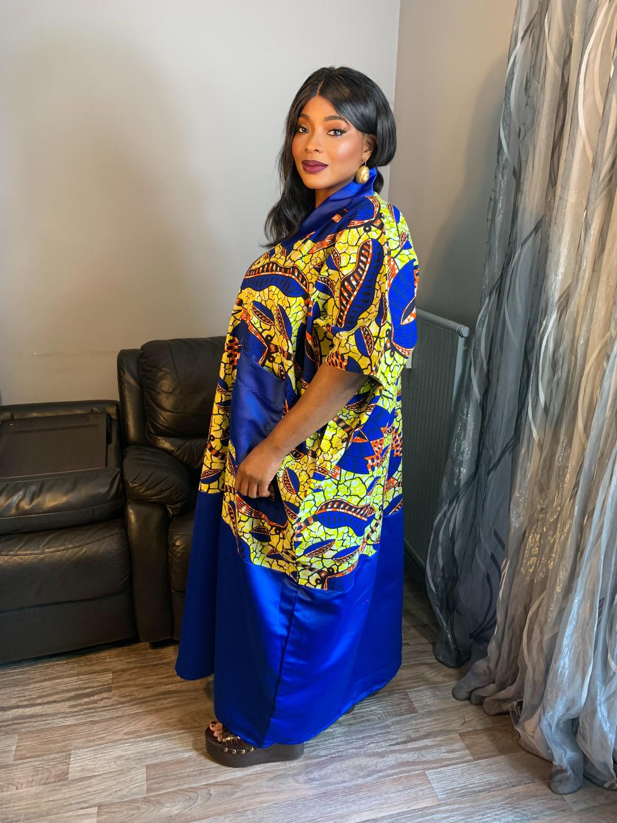 Robe Wax Duchesse Bleu Hitarget avec Col Ankara Design wax 100%Coton