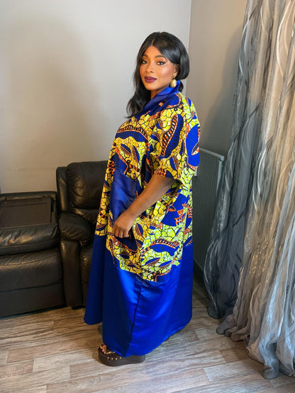 Robe Wax Duchesse Bleu Hitarget avec Col Ankara Design wax 100%Coton