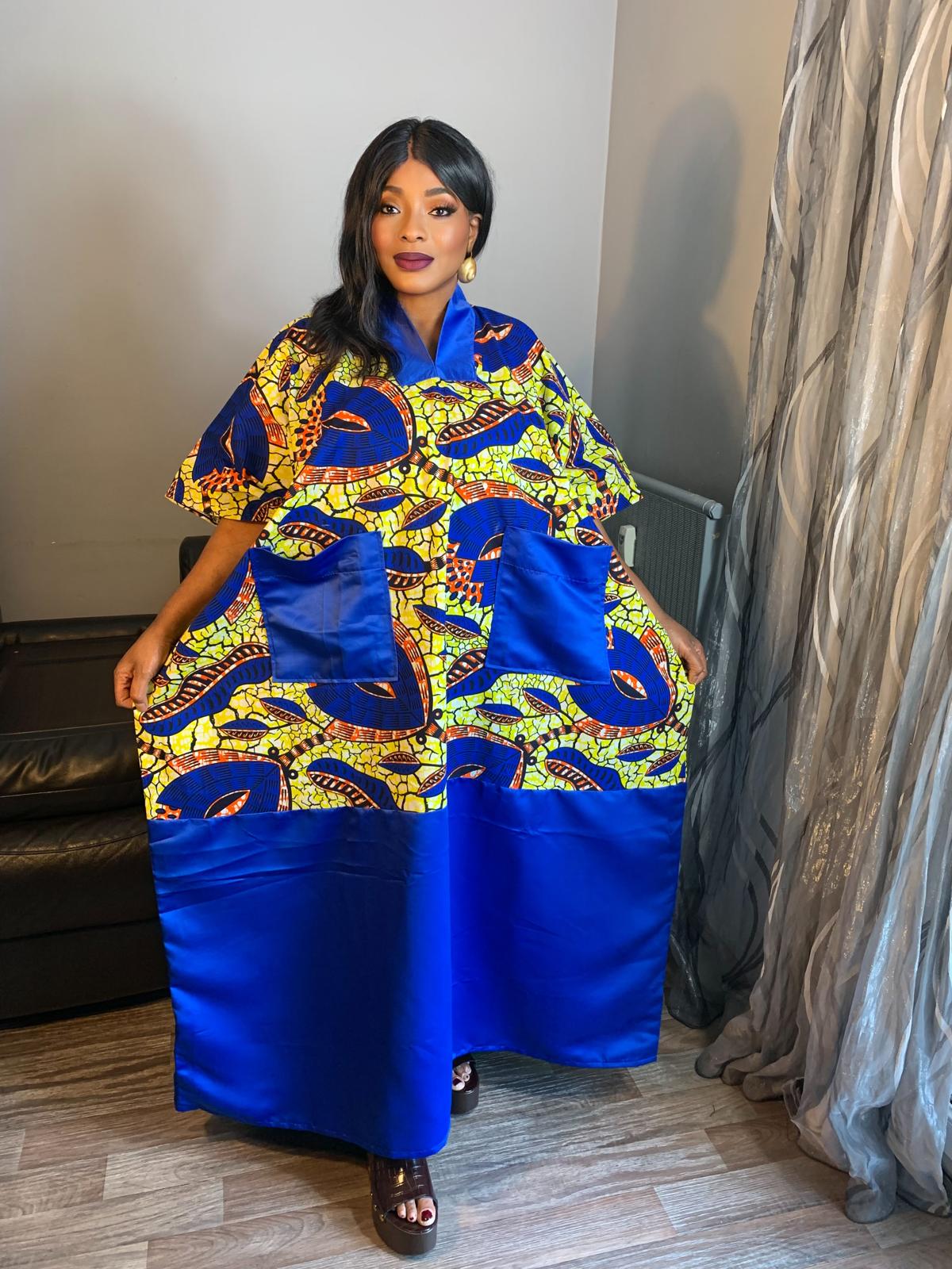 Robe Wax Duchesse Bleu Hitarget avec Col Ankara Design wax 100%Coton