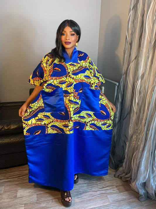 Robe Wax Duchesse Bleu Hitarget avec Col Ankara Design wax 100%Coton