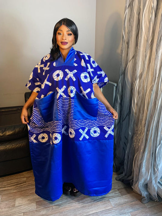 Robe Wax Duchesse Bleu avec Col Ankara Design wax 100%Coton