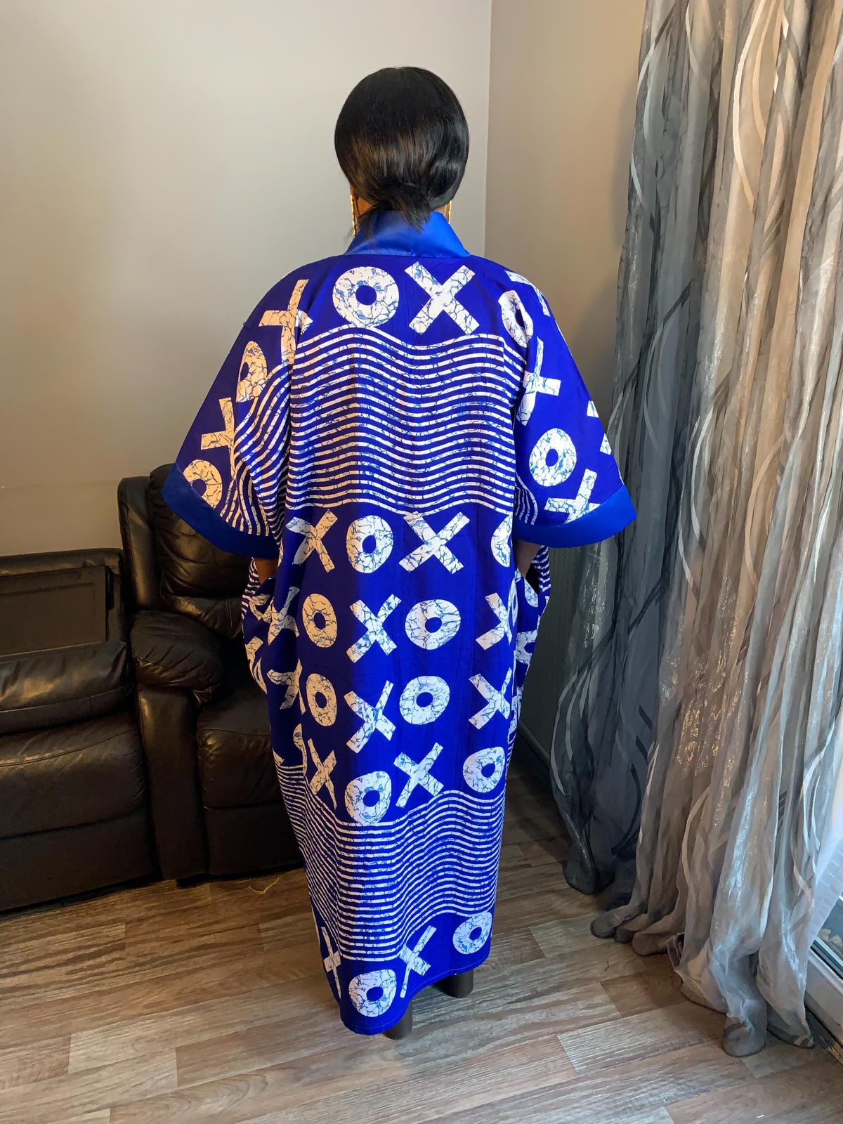 Robe Wax Duchesse Bleu avec Col Ankara Design wax 100%Coton