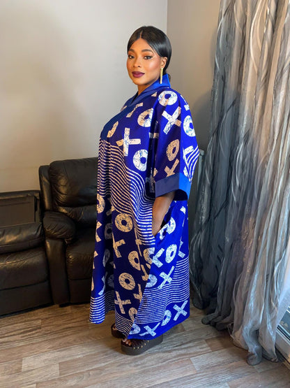 Robe Wax Duchesse Bleu avec Col Ankara Design wax 100%Coton