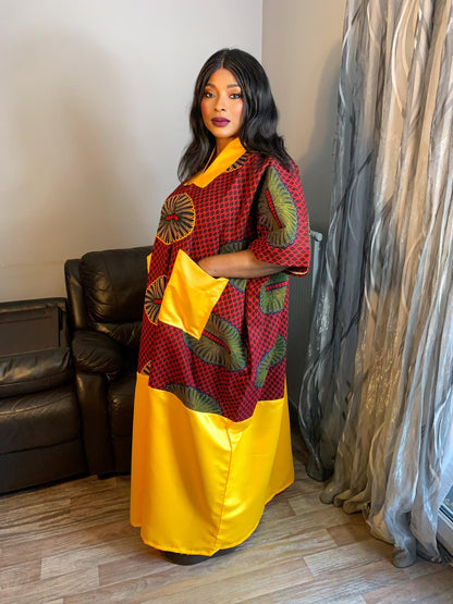 Robe Wax Duchesse Rouge avec Col Ankara Design wax 100%Coton