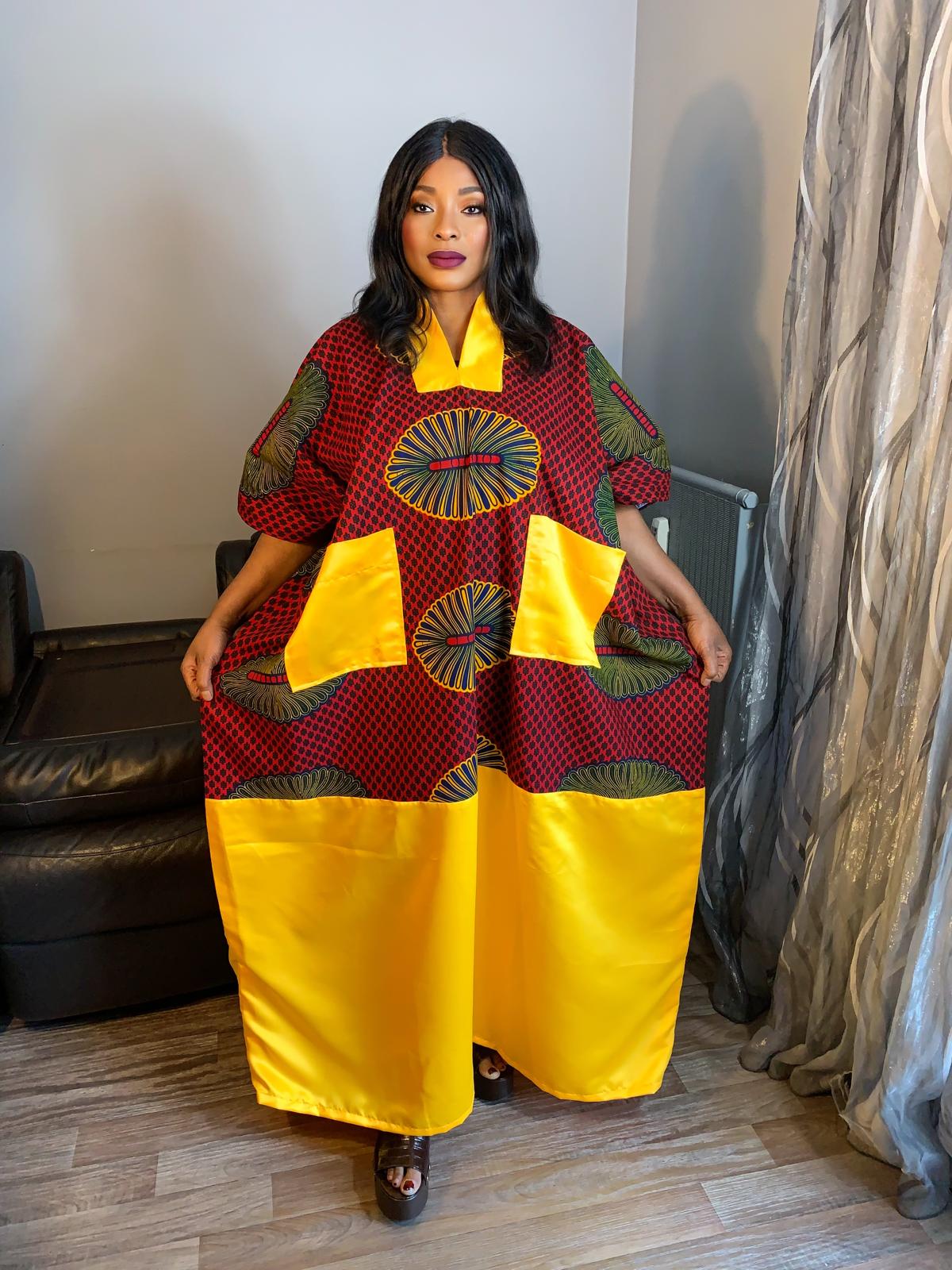 Robe Wax Duchesse Rouge avec Col Ankara Design wax 100%Coton