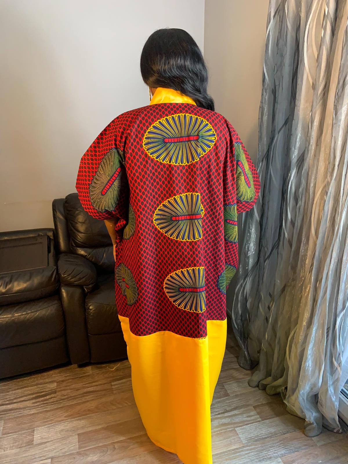 Robe Wax Duchesse Rouge avec Col Ankara Design wax 100%Coton