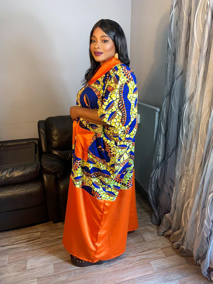 Robe Wax Duchesse Orange Hitarget avec Col Ankara Design wax 100%Coton