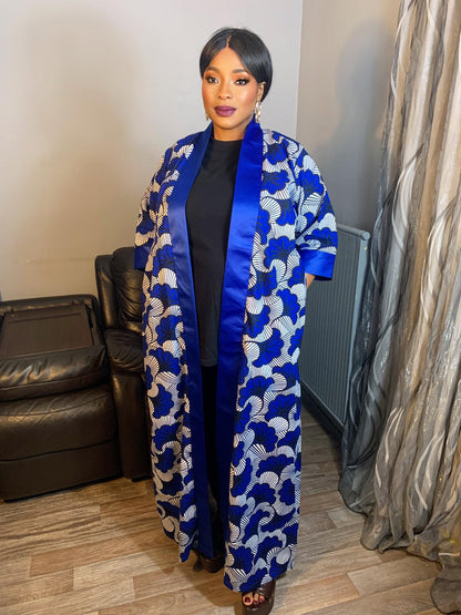 Kimono wax et duchesse Long Bleu. Wax Motif Fleurs de Mariages Caftan, Kaftan