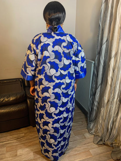Kimono wax et duchesse Long Bleu. Wax Motif Fleurs de Mariages Caftan, Kaftan