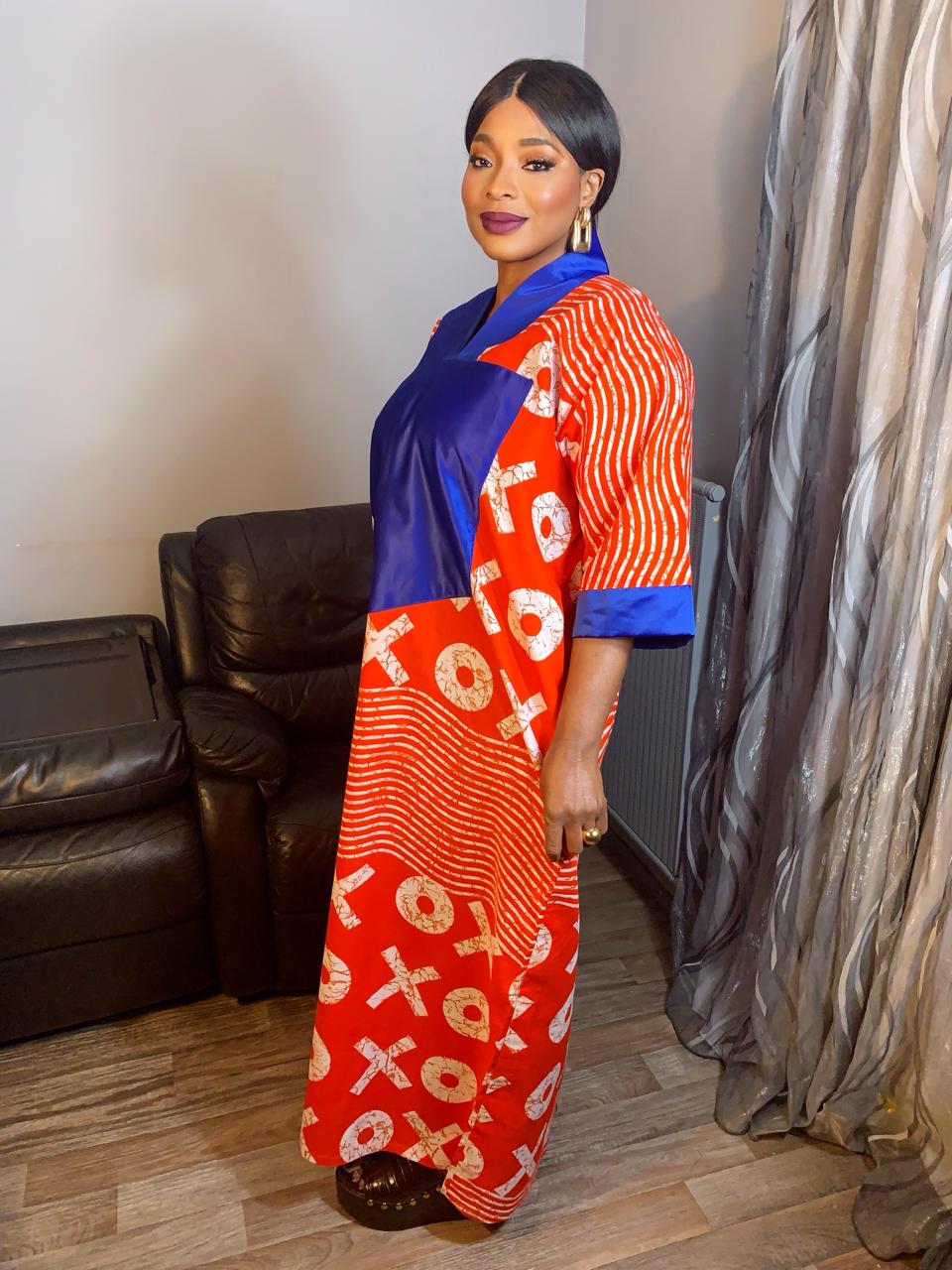 Robe Wax OX Duchesse Orange et Bleu Wax Ankara 100%Coton
