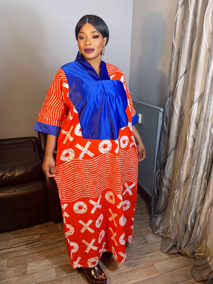 Robe Wax OX Duchesse Orange et Bleu Wax Ankara 100%Coton