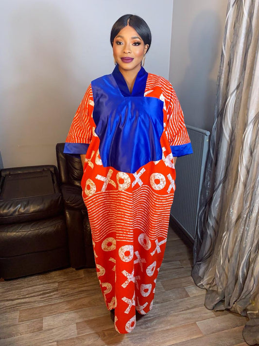 Robe Wax OX Duchesse Orange et Bleu Wax Ankara 100%Coton