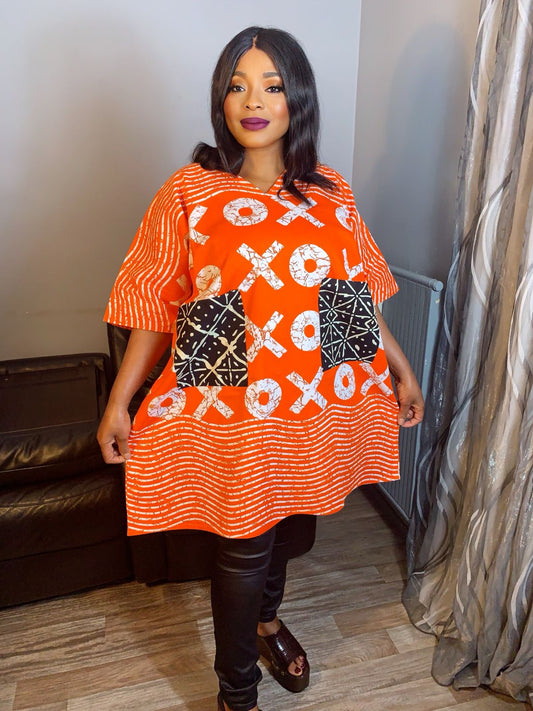 Robe Wax Africain OX Orange Bogolan Caftan- Kaftan.