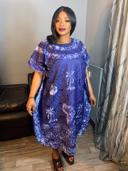 Robe Bazin Batik Style Bohème Robe à Motifs.  Motifs : Afrique Palmier Bleu Marine