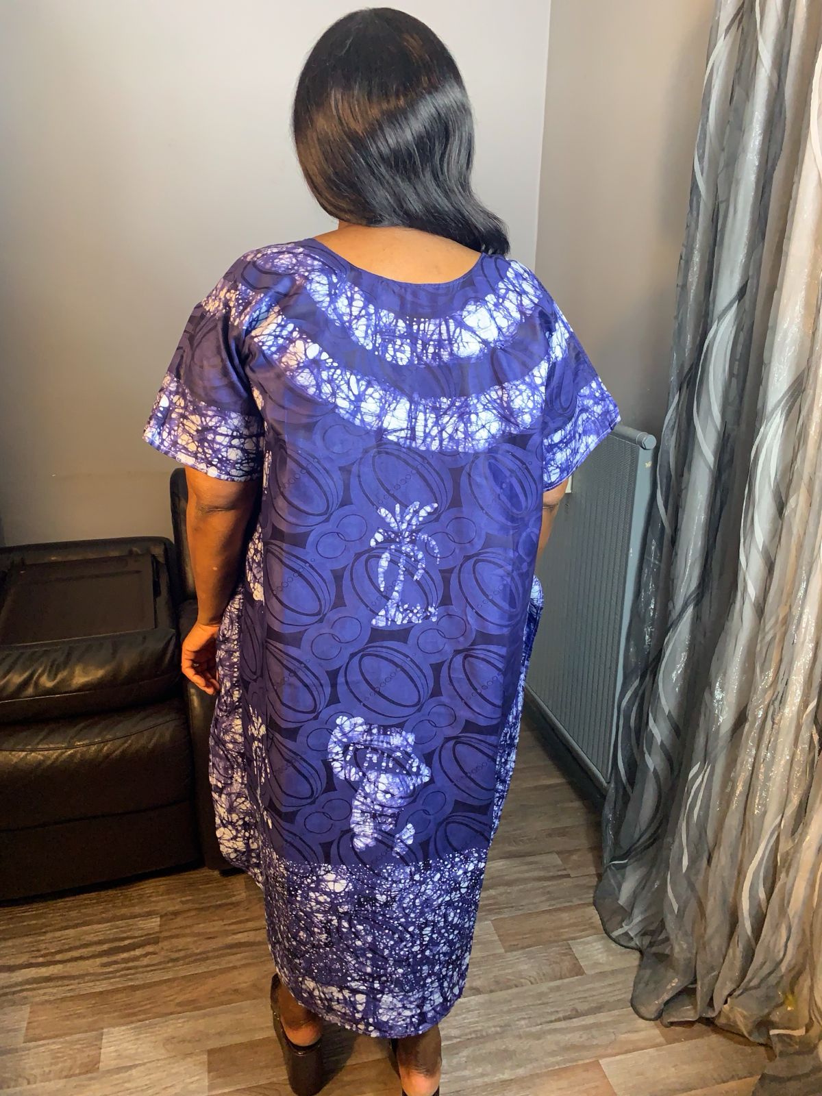 Robe Bazin Batik Style Bohème Robe à Motifs.  Motifs : Afrique Palmier Bleu Marine