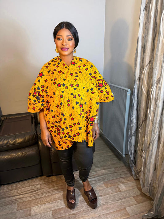 Top en Wax Africain 100 % Coton motif Étoile Jaunes – Haut Tendance en Tissu Wax Authentique