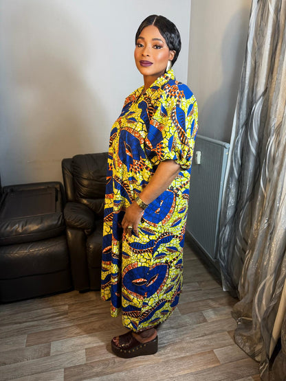 Robe en Wax Africain Col V 100 % Coton – Robe Africaine Chic et Élégante
