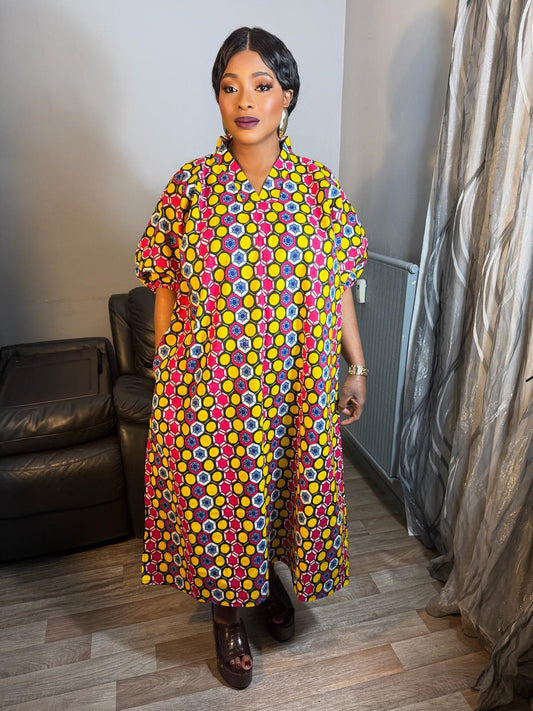 Robe en Wax Africain Col V 100 % Coton – Robe Africaine Chic et Élégante