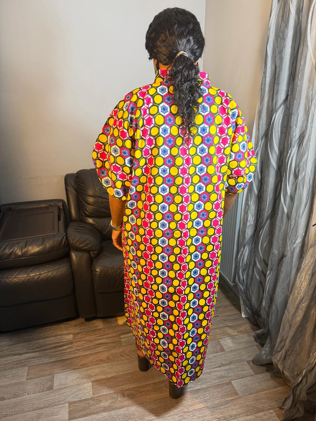 Robe en Wax Africain Col V 100 % Coton – Robe Africaine Chic et Élégante