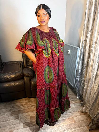 Robe Femme Wax Africain Wax Hitarget Robe Ovale Longue' Ankara Design Red Yellow' Avec Foulard ou sans Robe Maxi