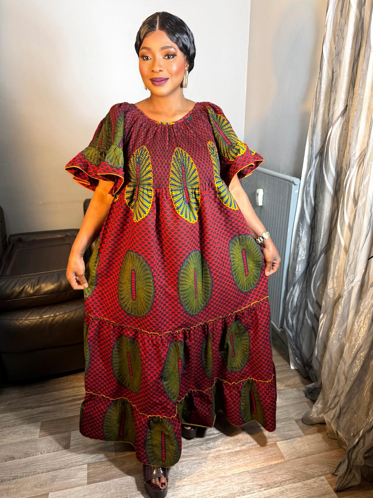 Robe Femme Wax Africain Wax Hitarget Robe Ovale Longue' Ankara Design Red Yellow' Avec Foulard ou sans Robe Maxi