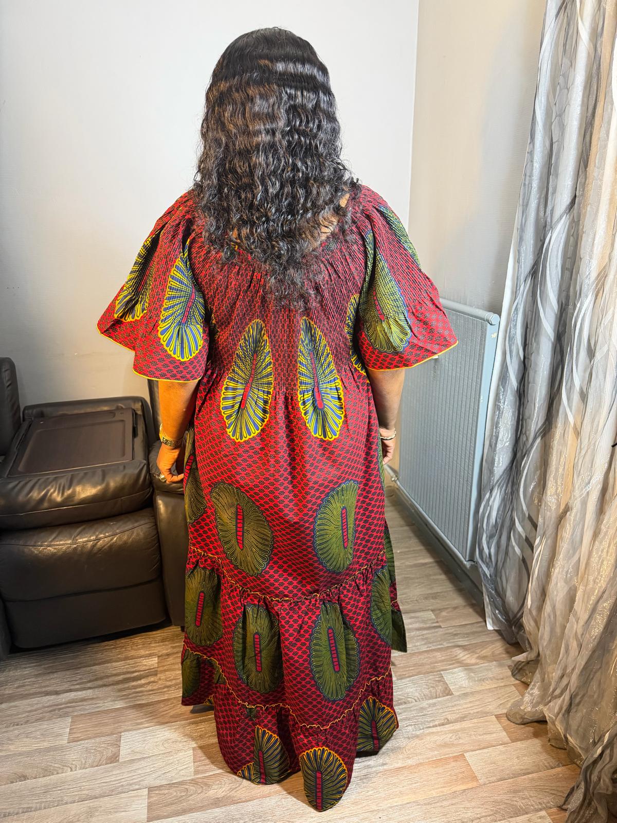 Robe Femme Wax Africain Wax Hitarget Robe Ovale Longue' Ankara Design Red Yellow' Avec Foulard ou sans Robe Maxi