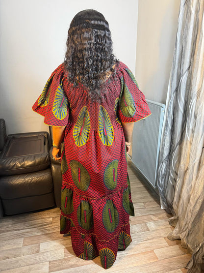 Robe Femme Wax Africain Wax Hitarget Robe Ovale Longue' Ankara Design Red Yellow' Avec Foulard ou sans Robe Maxi