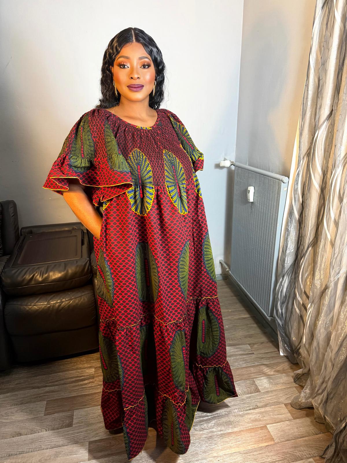 Robe Femme Wax Africain Wax Hitarget Robe Ovale Longue' Ankara Design Red Yellow' Avec Foulard ou sans Robe Maxi