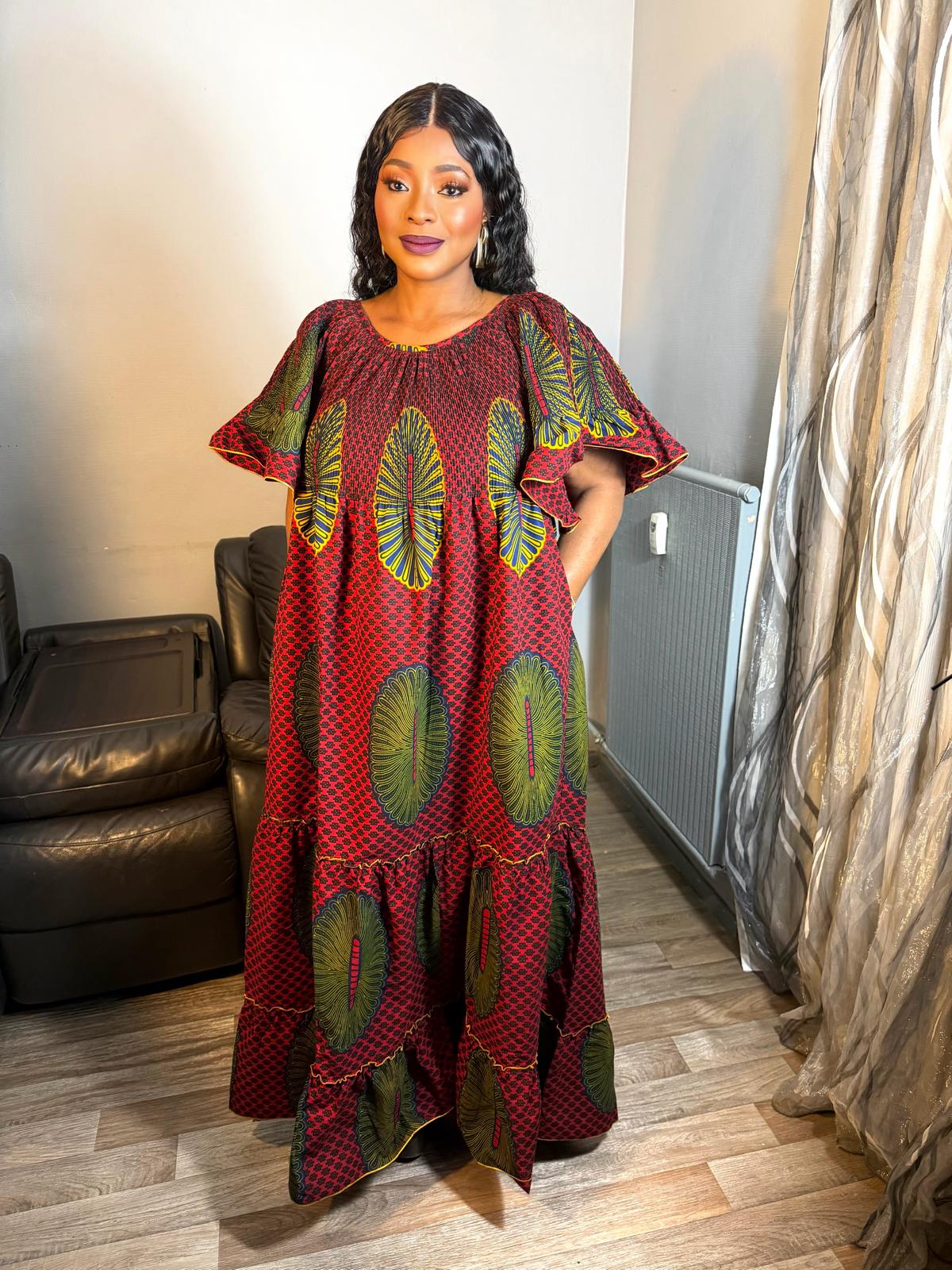 Robe Femme Wax Africain Wax Hitarget Robe Ovale Longue' Ankara Design Red Yellow' Avec Foulard ou sans Robe Maxi