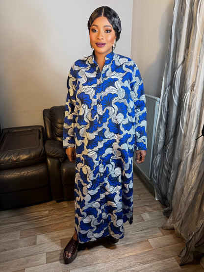 Robe Chemise Longue  Wax Africain Motifs Fleurs de Mariage. Wax 100% Coton