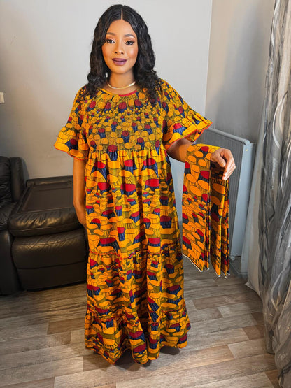 Robe  Femme Wax Africain" Longue Ovale Enervi Wax" Hitarget' Ankara Design Kings Chai's Avec Foulard Ou Sans Robe Maxi