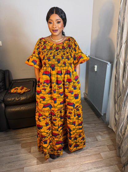 Robe  Femme Wax Africain" Longue Ovale Enervi Wax" Hitarget' Ankara Design Kings Chai's Avec Foulard Ou Sans Robe Maxi