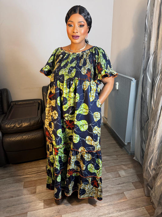 Robe Femme Wax Africain Robe Ovale Longue Enervi" Wax Chigan Daho Ankara Design  Avec Foulard Ou Sans  Robe Maxi