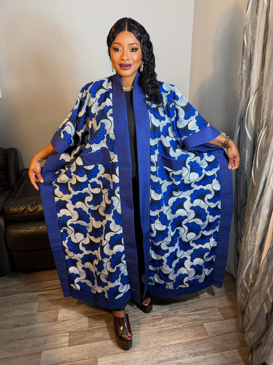 Grand Kimono Femme wax  archoké Long Bleu. Wax  Fleurs de Mariages Caftan, Kaftan Tendance Pièce Rare