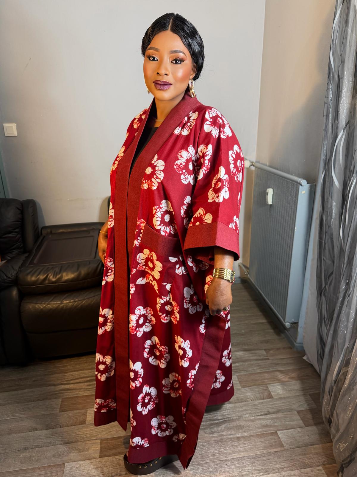 Grand Kimono Long  Femme wax Aso Oke Wax OX  Caftan  Tendance Pièce Rare 100% Coton