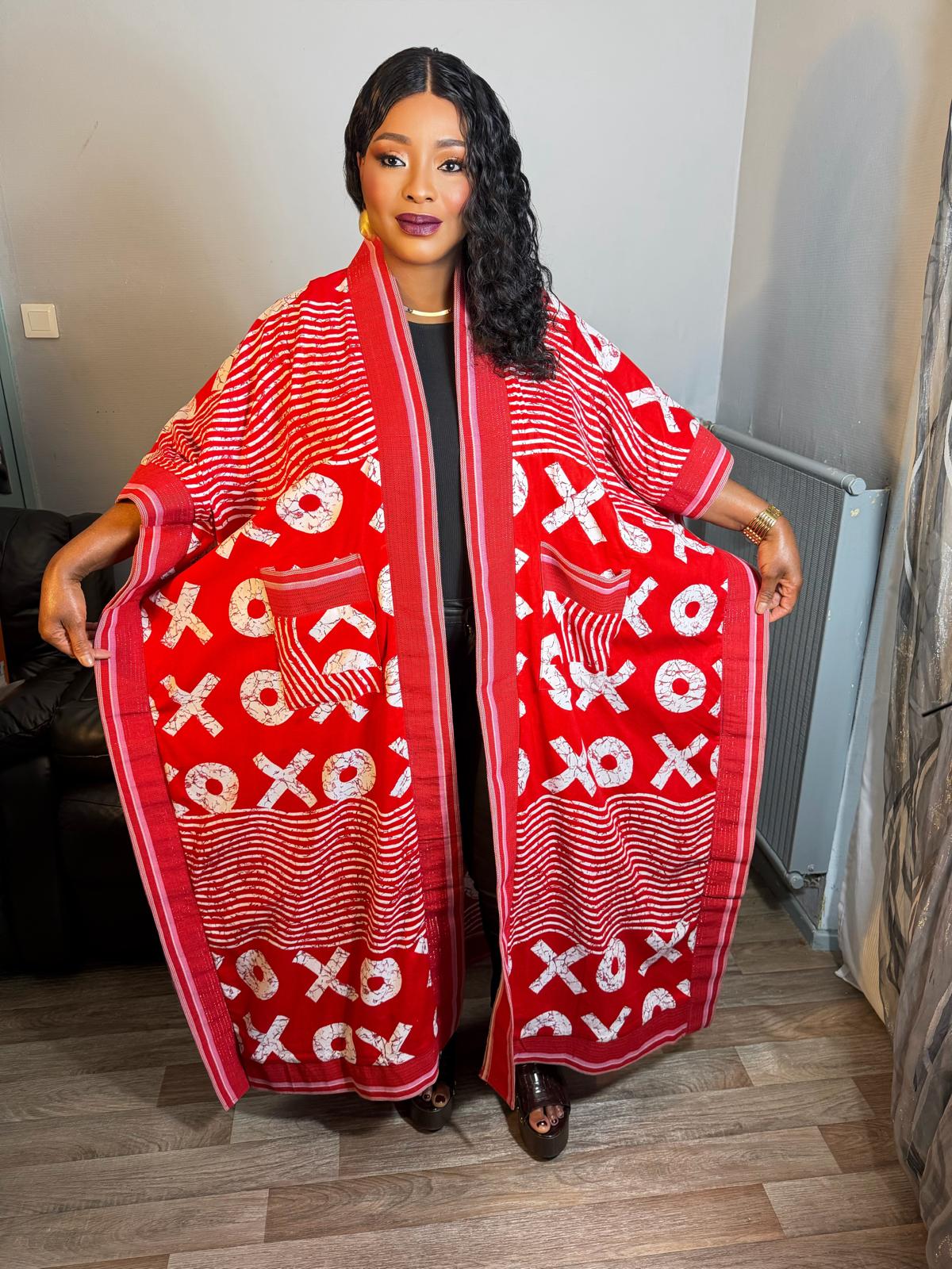 Grand Kimono Long Femme Wax Aso Oke Wax OX Caftan Tendance Pièce Rare