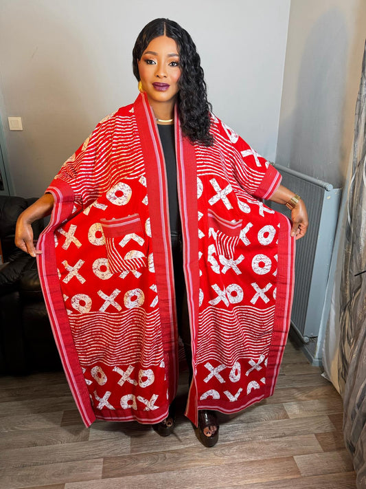 Grand Kimono  Femme Wax Africain Achorké Long Rouge Wax OX  Caftan Kaftan Tendance Pièce Rare