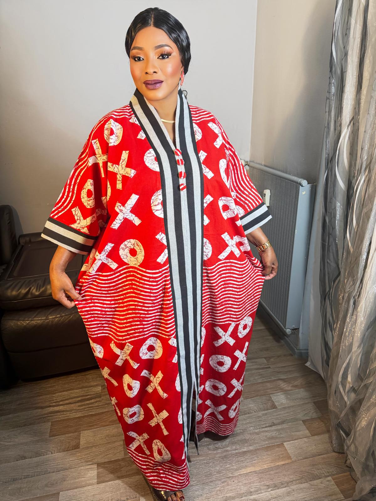 Grand Robe  Femme "Wax Africain Achorké Long Rouge à Rayures Noires  Wax OX Motif  Caftan Kaftan Wax 100%Coton
