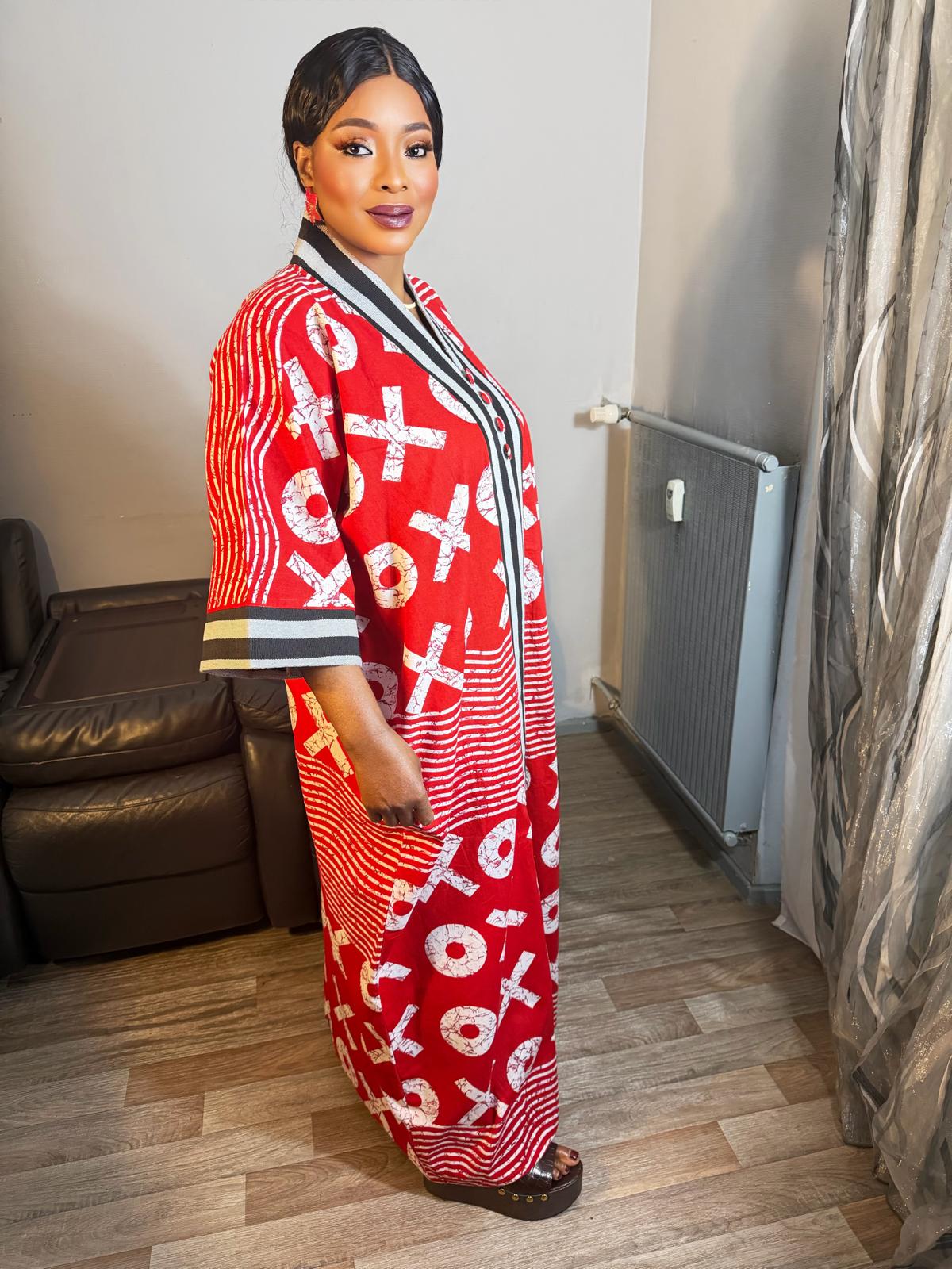 Grand Robe  Femme "Wax Africain Achorké Long Rouge à Rayures Noires  Wax OX Motif  Caftan Kaftan Wax 100%Coton