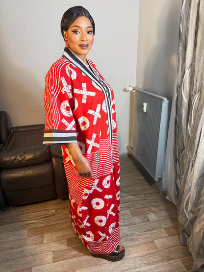 Grand Robe  Femme "Wax Africain Achorké Long Rouge à Rayures Noires  Wax OX Motif  Caftan Kaftan Wax 100%Coton