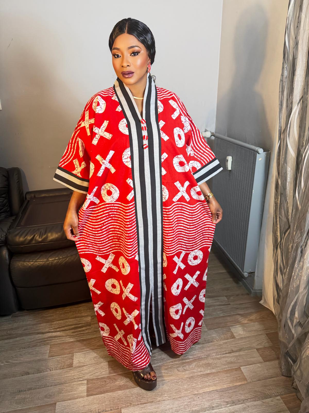 Grand Robe  Femme "Wax Africain Achorké Long Rouge à Rayures Noires  Wax OX Motif  Caftan Kaftan Wax 100%Coton