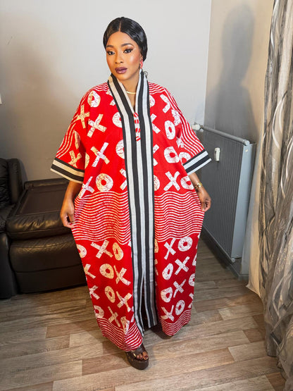 Grand Robe  Femme "Wax Africain Achorké Long Rouge à Rayures Noires  Wax OX Motif  Caftan Kaftan Wax 100%Coton