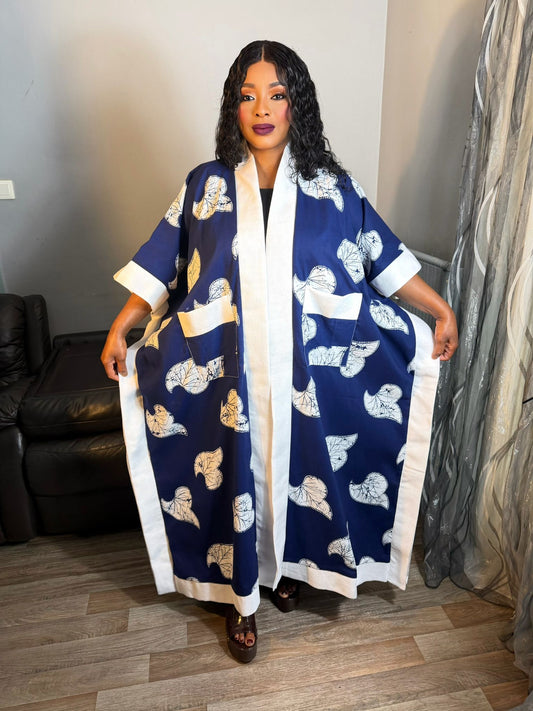 Grand Kimono  Femme Wax Africain Achorké Long Bleu Blanc Wax OX  Caftan Kaftan Tendance Pièce Rare
