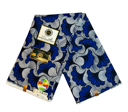 Afrikanischer Wachsstoff, 100 % Baumwolle, Ankara, 1 bis 12 Yard, Wachs, Hitarget, authentisches Muster: Blaue, weiße und schwarze Hochzeitsblume.