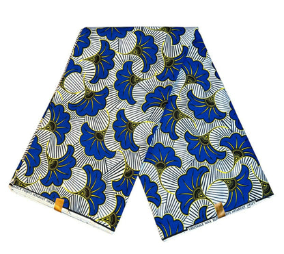 Tissus Wax 1 a 12 yards Wax Africain Wax 100% Coton Fleur de Mariage Bleu Doré