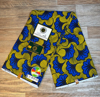 Tissus Wax 1 a 12 yards Wax Africain Wax 100% Coton Fleur de Mariage Bleu Jaune