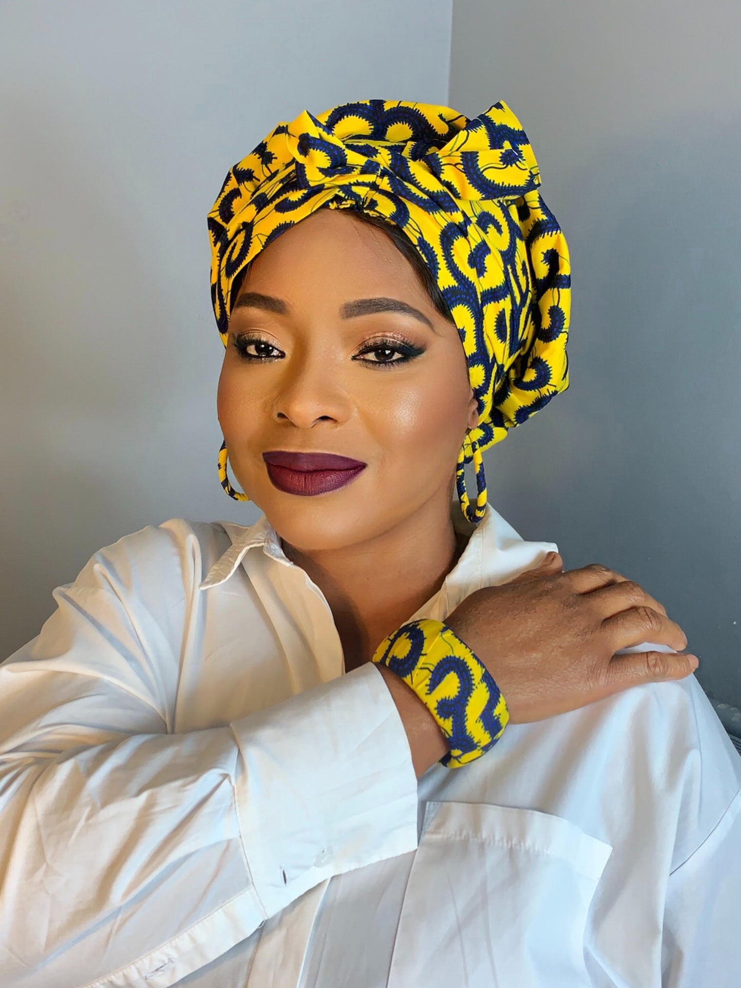 Bonnet Satin en Turban Jaune Bleu | Turban en Wax avec Doublure Satin