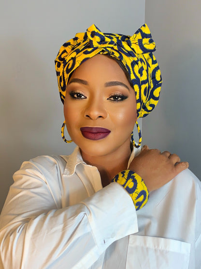 Bonnet Satin en Turban Jaune Bleu | Turban en Wax avec Doublure Satin