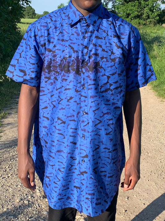 Chemise Bazin Bleu Roi Batik Tye And Dye Ankara Oversize avec Motif